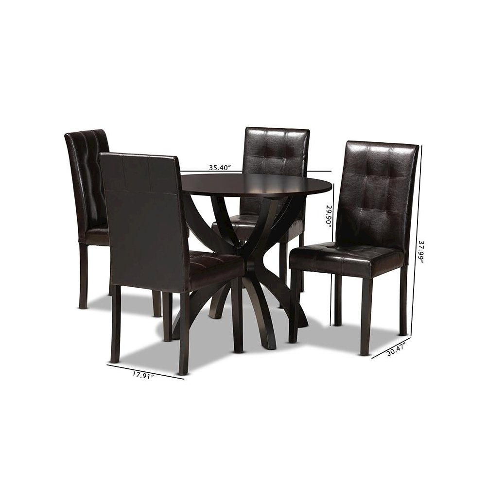 Leather Upholstered and Dark Brown Finished Wood 5-Piece Dining Set