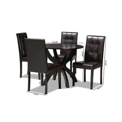 Leather Upholstered and Dark Brown Finished Wood 5-Piece Dining Set