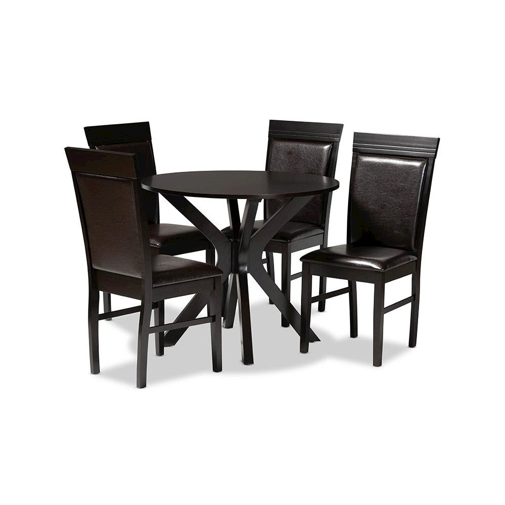 Leather Upholstered and Dark Brown Finished Wood 5-Piece Dining Set