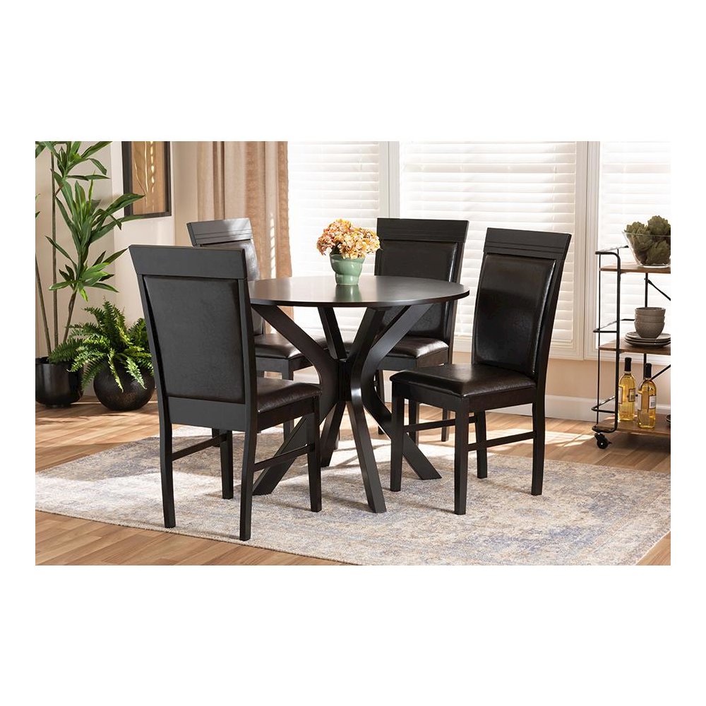 Leather Upholstered and Dark Brown Finished Wood 5-Piece Dining Set