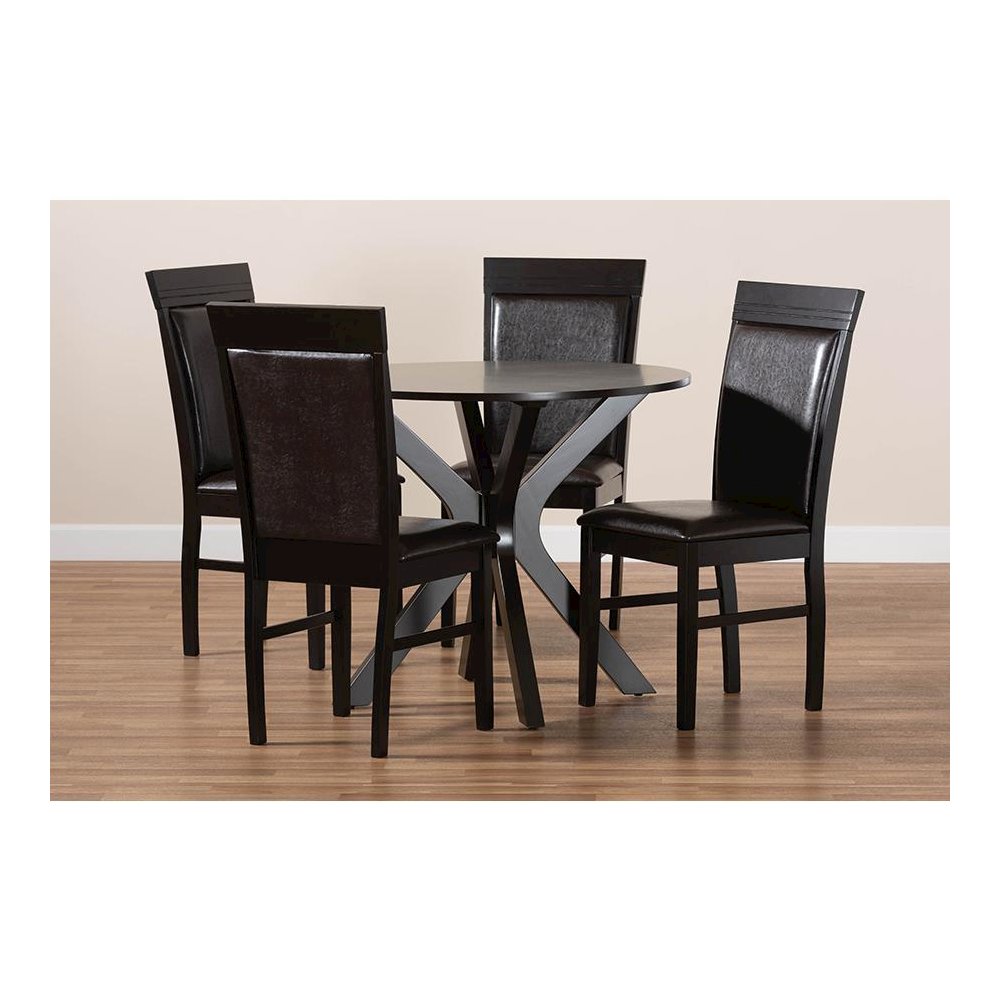 Leather Upholstered and Dark Brown Finished Wood 5-Piece Dining Set
