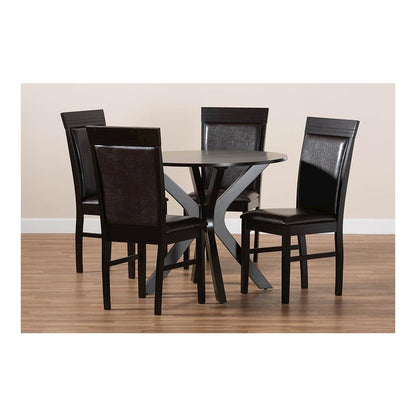 Leather Upholstered and Dark Brown Finished Wood 5-Piece Dining Set