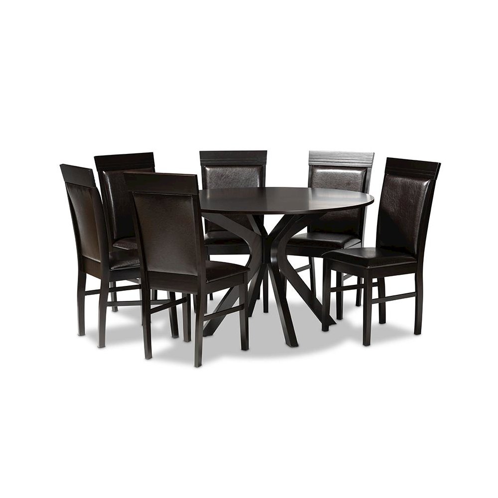 Leather Upholstered and Dark Brown Finished Wood 7-Piece Dining Set