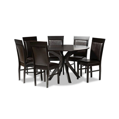 Leather Upholstered and Dark Brown Finished Wood 7-Piece Dining Set