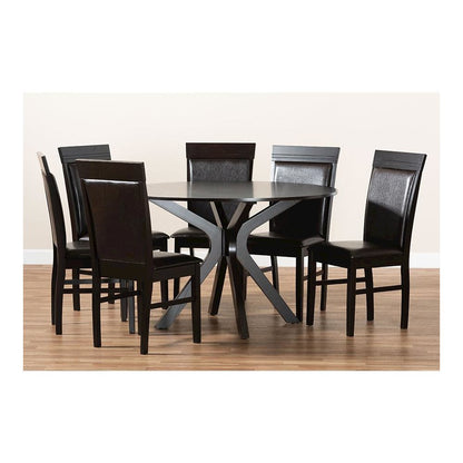Leather Upholstered and Dark Brown Finished Wood 7-Piece Dining Set