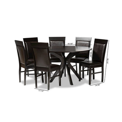 Leather Upholstered and Dark Brown Finished Wood 7-Piece Dining Set