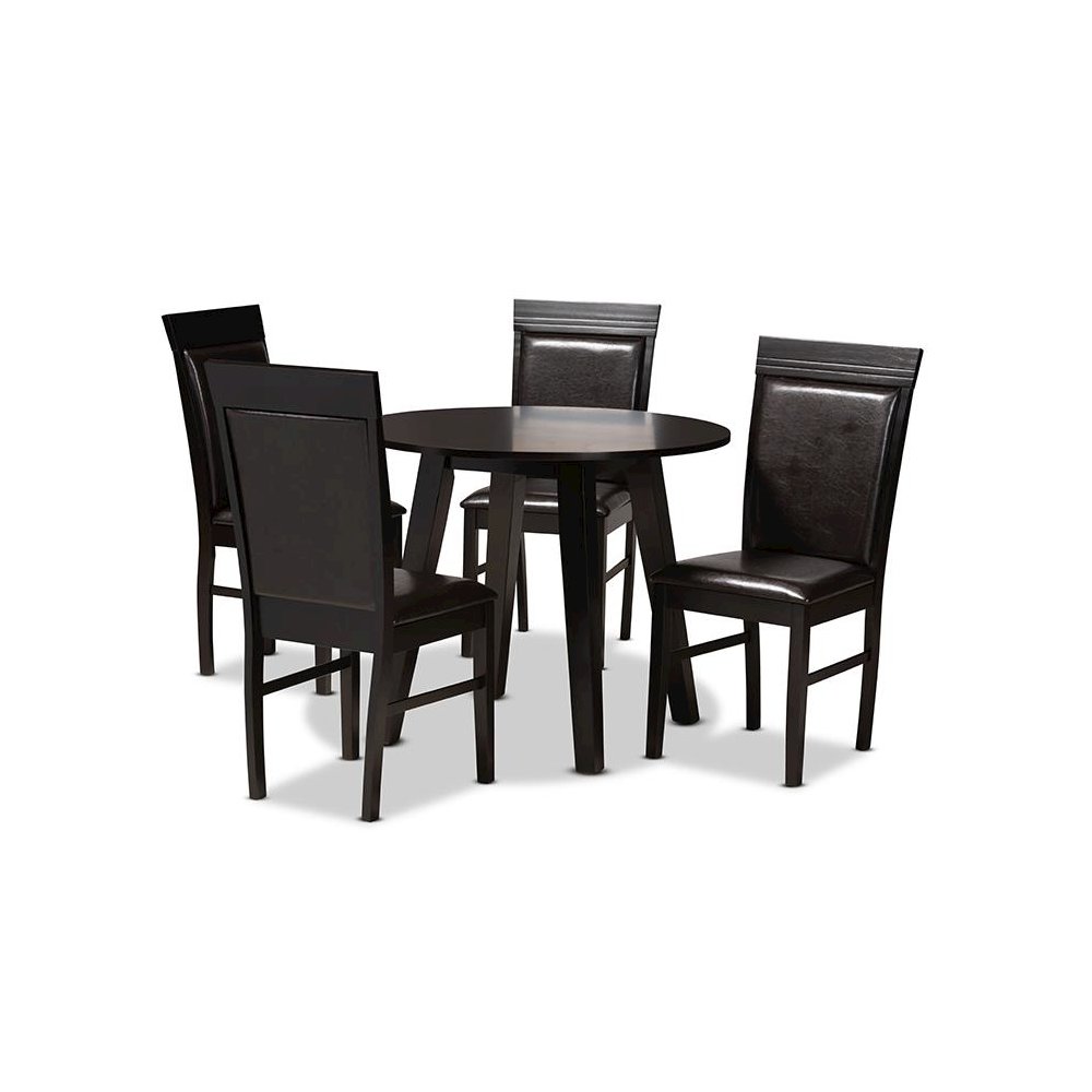 Leather Upholstered and Dark Brown Finished Wood 5-Piece Dining Set