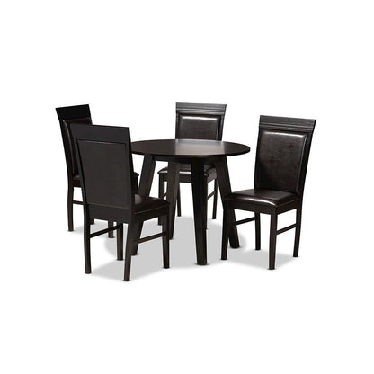 Leather Upholstered and Dark Brown Finished Wood 5-Piece Dining Set