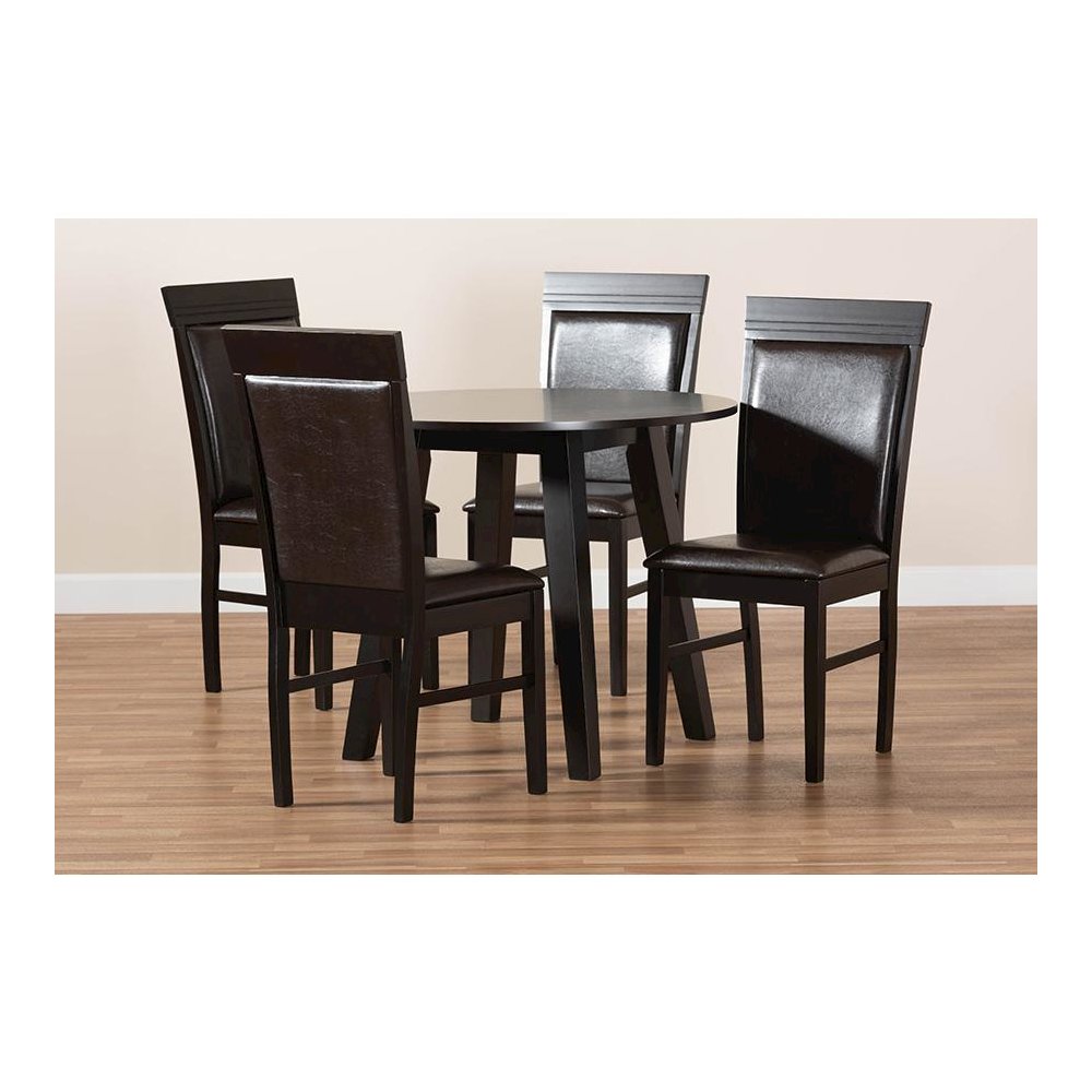 Leather Upholstered and Dark Brown Finished Wood 5-Piece Dining Set