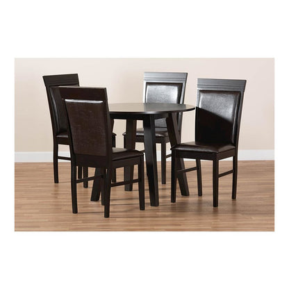 Leather Upholstered and Dark Brown Finished Wood 5-Piece Dining Set