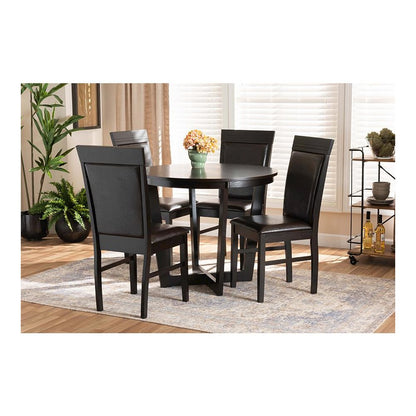 Leather Upholstered and Dark Brown Finished Wood 5-Piece Dining Set
