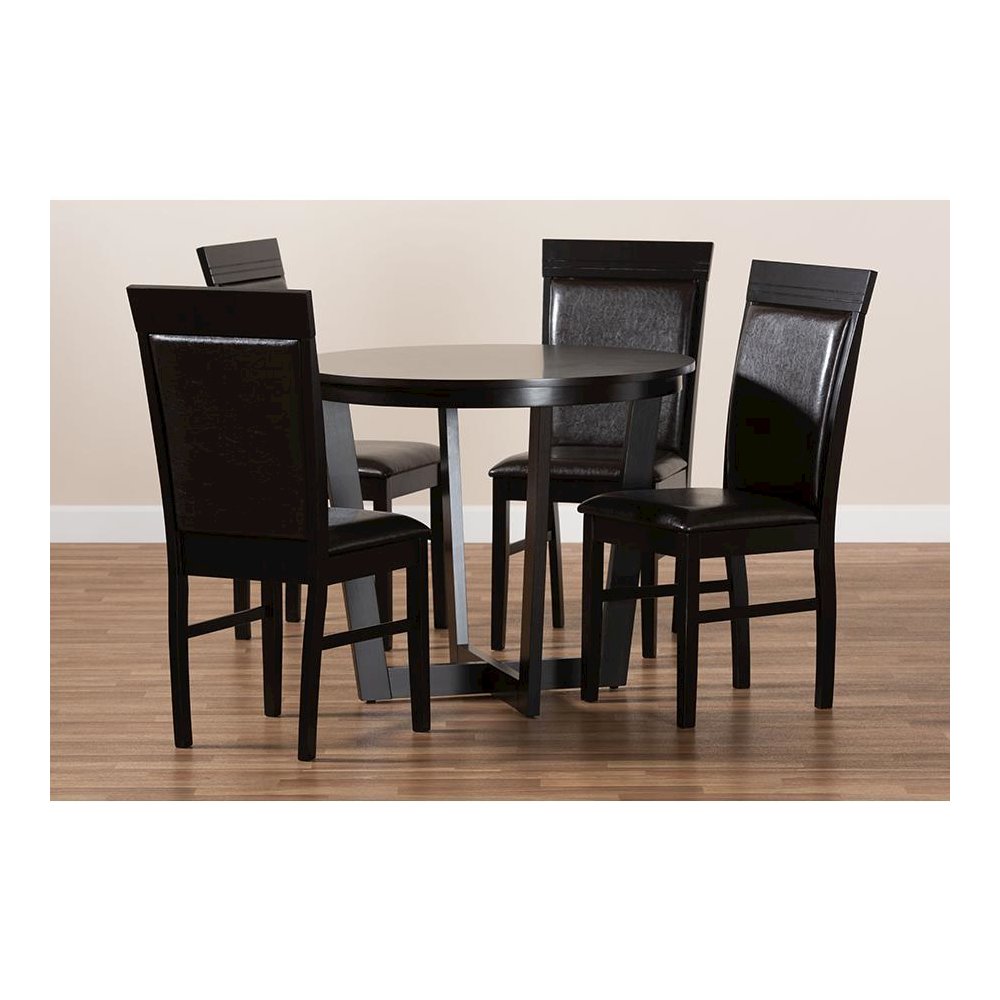 Leather Upholstered and Dark Brown Finished Wood 5-Piece Dining Set
