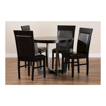 Leather Upholstered and Dark Brown Finished Wood 5-Piece Dining Set