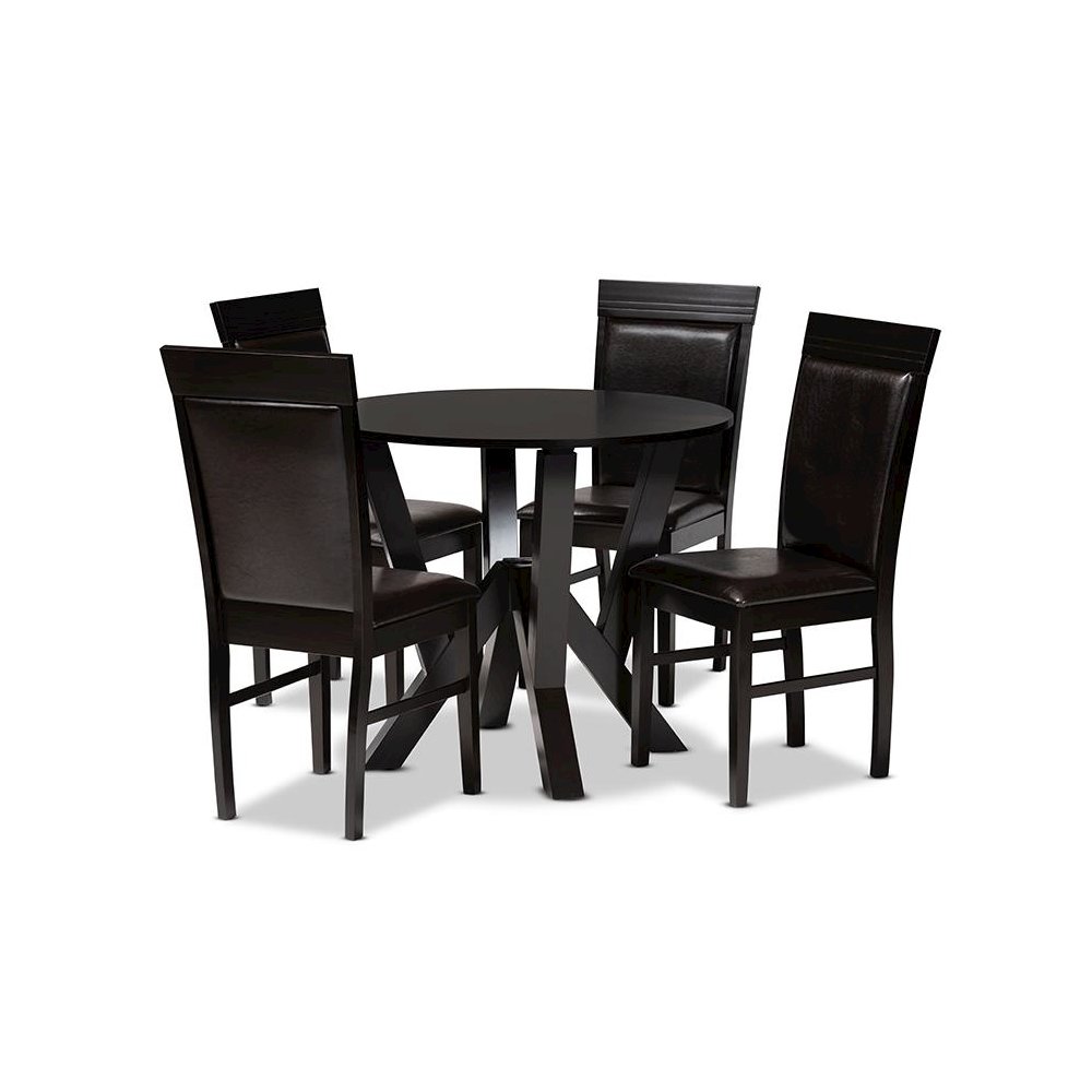Leather Upholstered and Dark Brown Finished Wood 5-Piece Dining Set