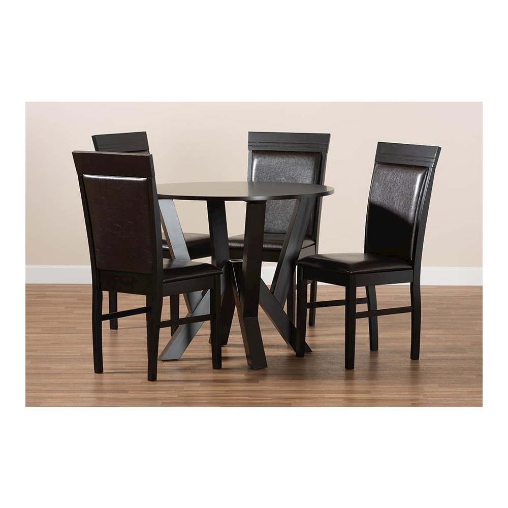 Leather Upholstered and Dark Brown Finished Wood 5-Piece Dining Set