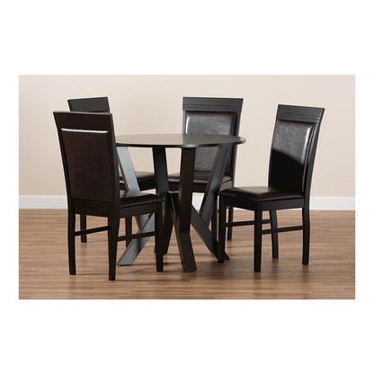 Leather Upholstered and Dark Brown Finished Wood 5-Piece Dining Set