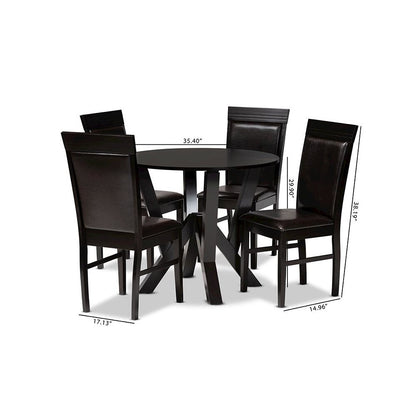 Leather Upholstered and Dark Brown Finished Wood 5-Piece Dining Set