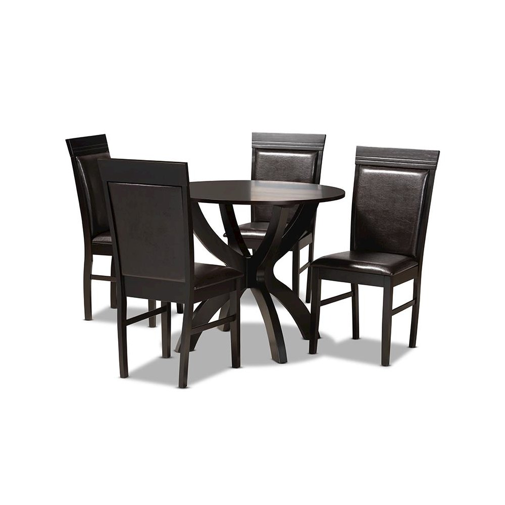 Leather Upholstered and Dark Brown Finished Wood 5-Piece Dining Set