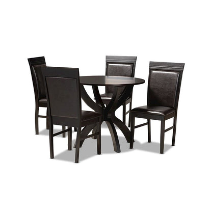 Leather Upholstered and Dark Brown Finished Wood 5-Piece Dining Set