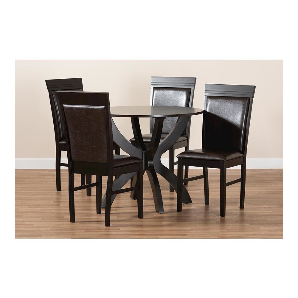 Leather Upholstered and Dark Brown Finished Wood 5-Piece Dining Set