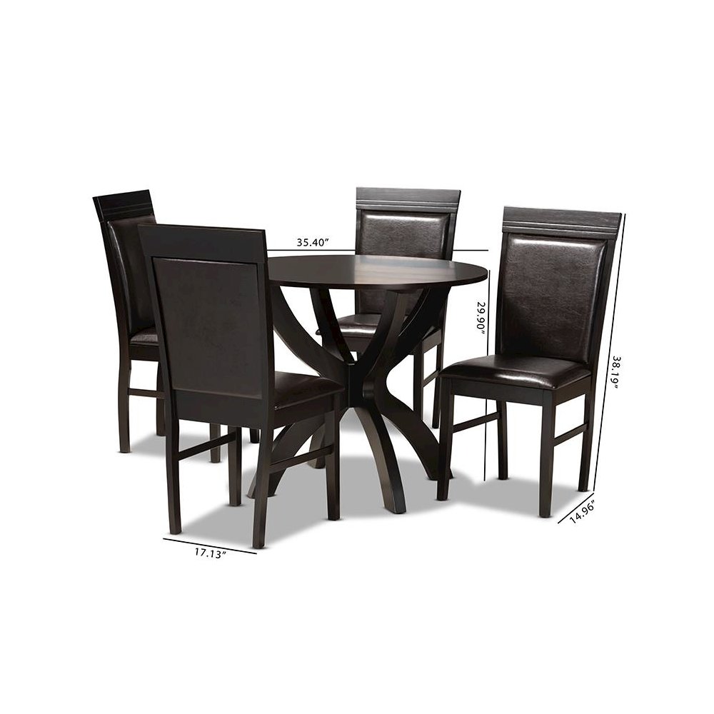 Leather Upholstered and Dark Brown Finished Wood 5-Piece Dining Set