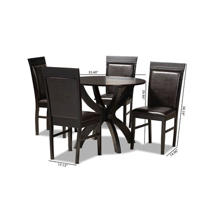 Leather Upholstered and Dark Brown Finished Wood 5-Piece Dining Set