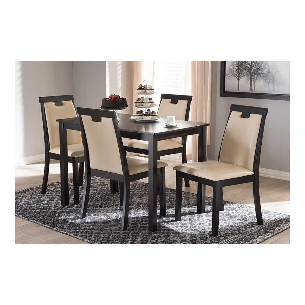 Beige Faux Leather Upholstered and Dark Brown Finished 5-Piece Dining Set