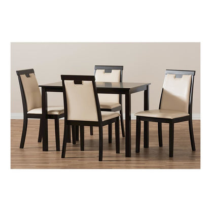 Beige Faux Leather Upholstered and Dark Brown Finished 5-Piece Dining Set