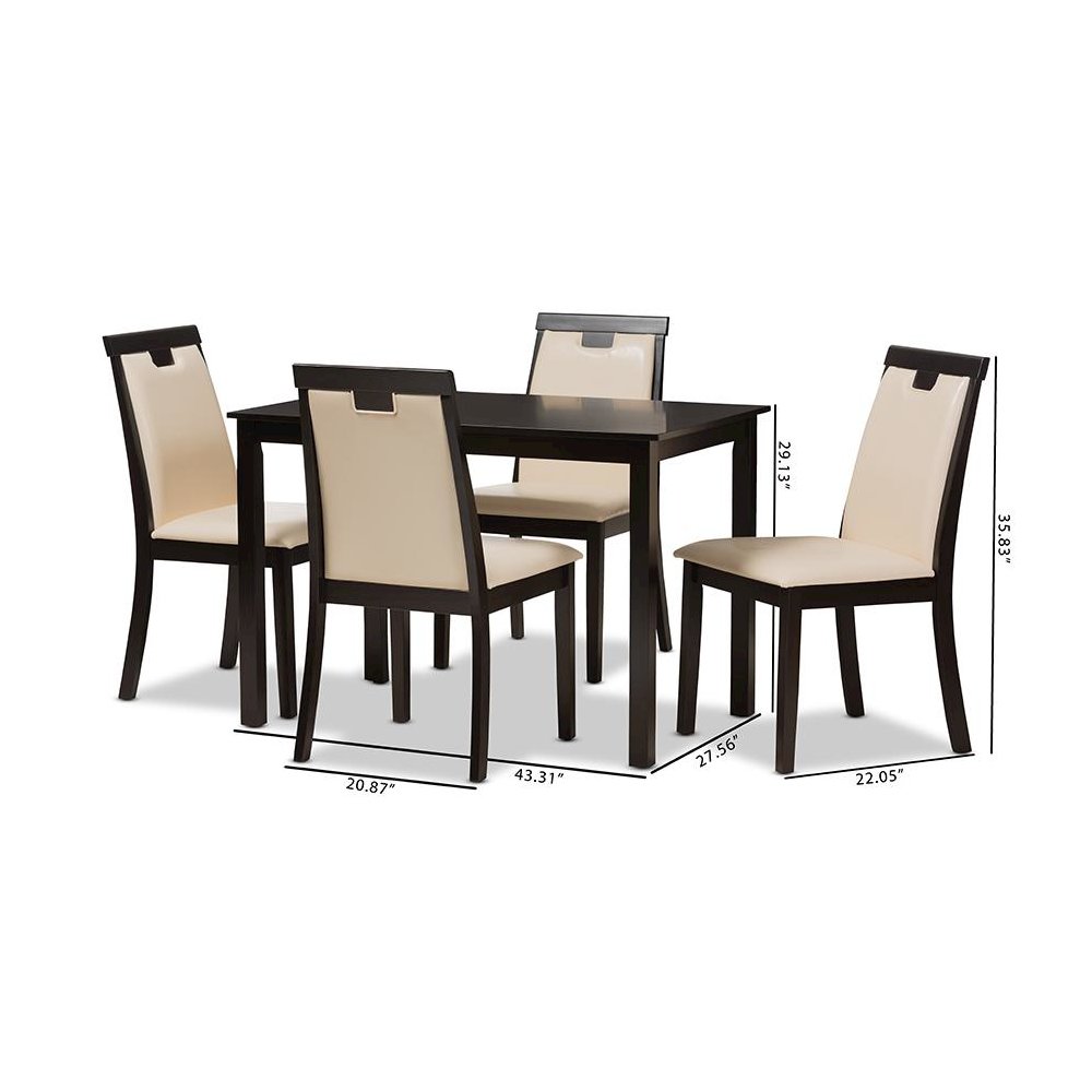 Beige Faux Leather Upholstered and Dark Brown Finished 5-Piece Dining Set