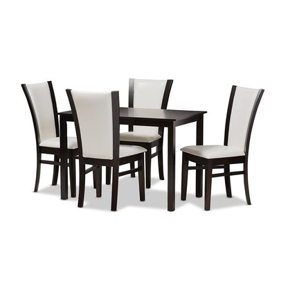 5-Piece Dark Brown Finished White Faux Leather Dining Set