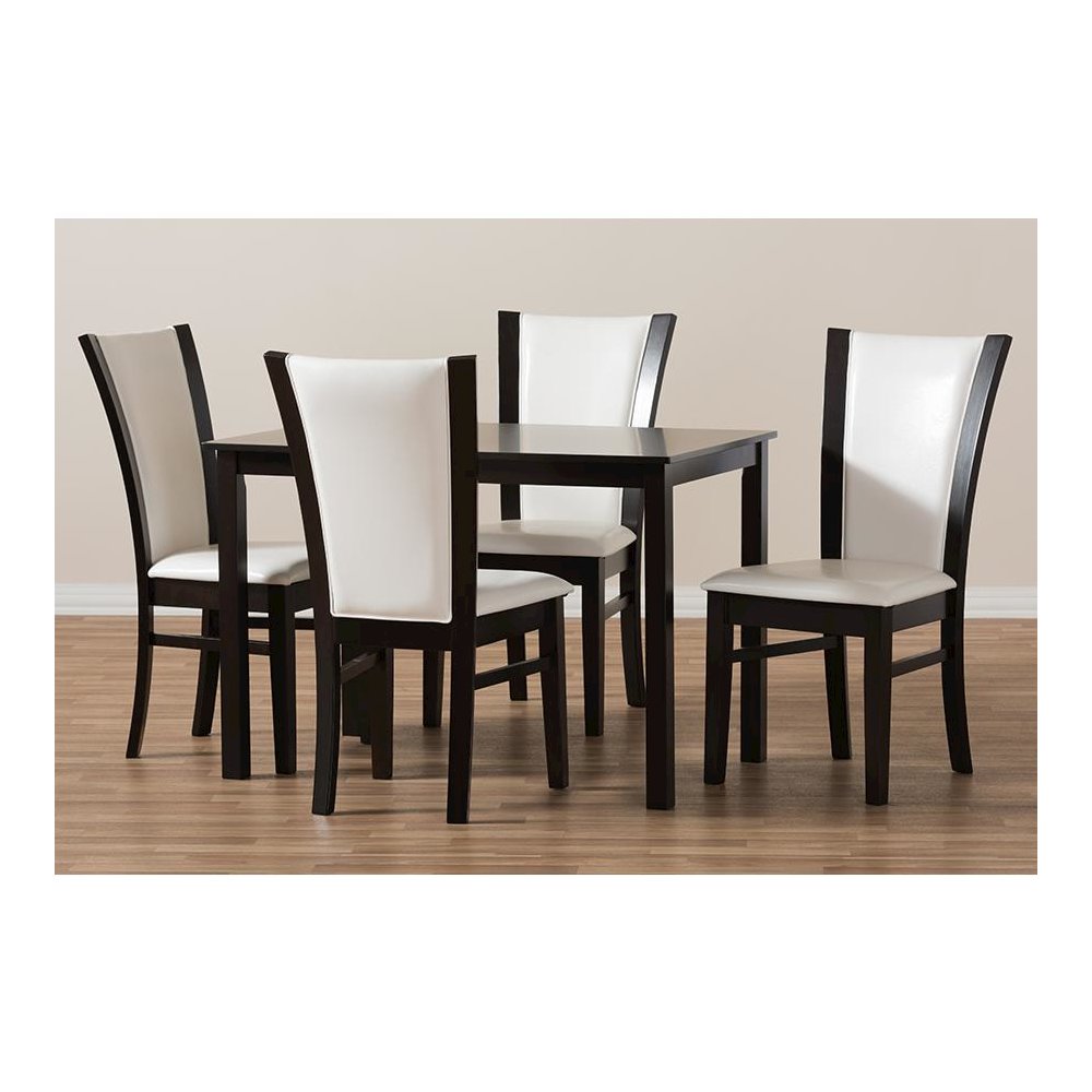 5-Piece Dark Brown Finished White Faux Leather Dining Set