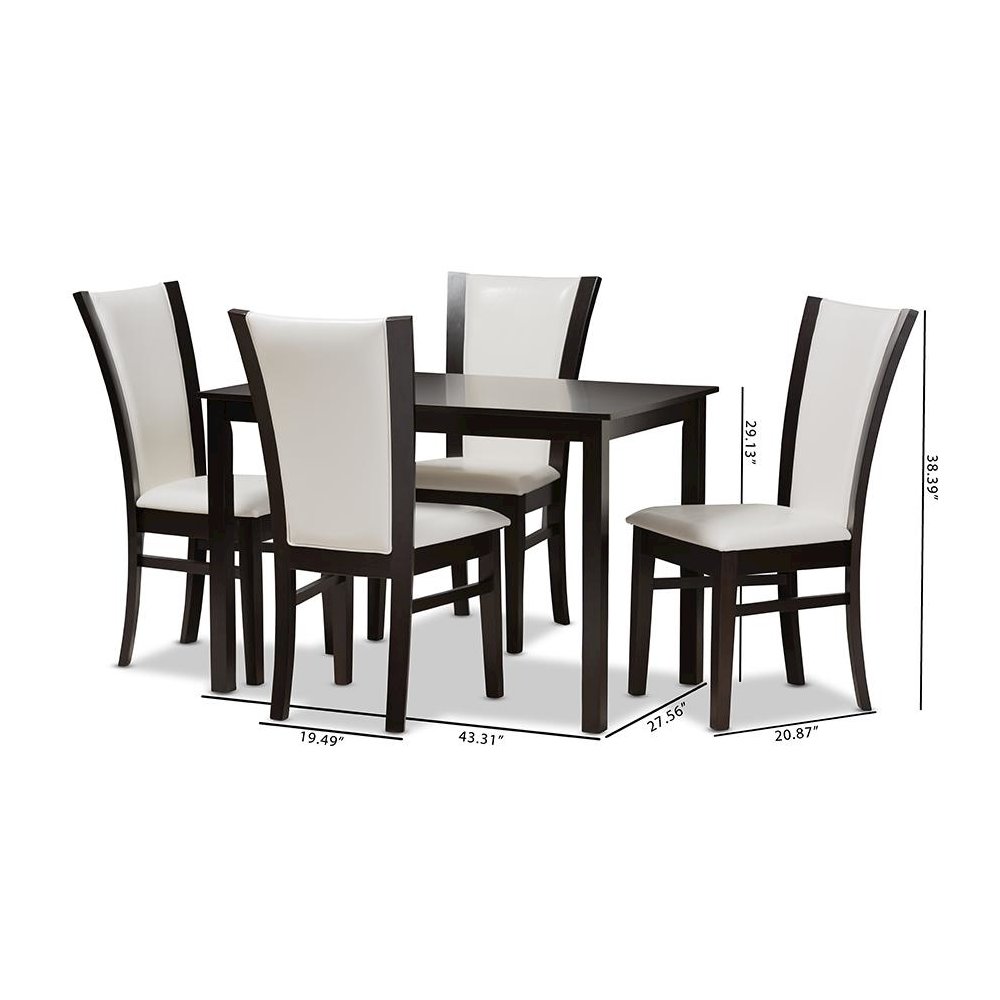 5-Piece Dark Brown Finished White Faux Leather Dining Set