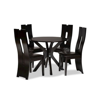Leather Upholstered and Dark Brown Finished Wood 5-Piece Dining Set