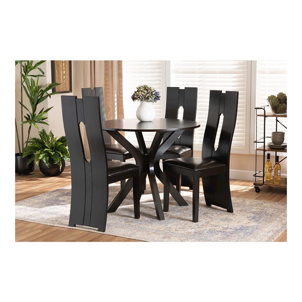 Leather Upholstered and Dark Brown Finished Wood 5-Piece Dining Set