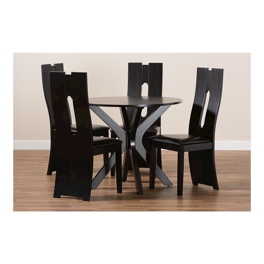 Leather Upholstered and Dark Brown Finished Wood 5-Piece Dining Set