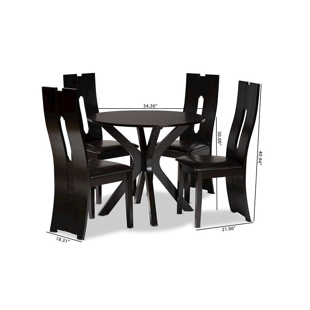 Leather Upholstered and Dark Brown Finished Wood 5-Piece Dining Set
