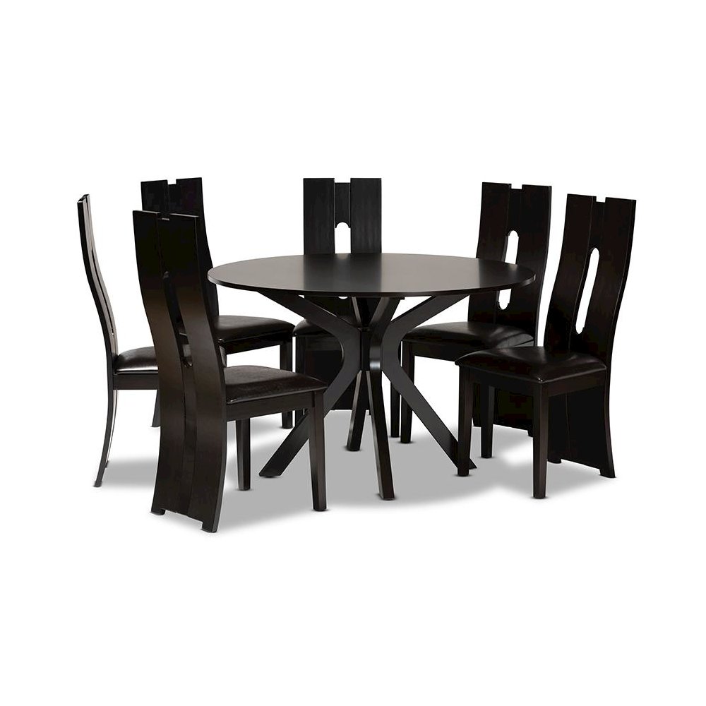 Leather Upholstered and Dark Brown Finished Wood 7-Piece Dining Set