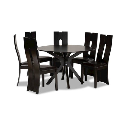Leather Upholstered and Dark Brown Finished Wood 7-Piece Dining Set