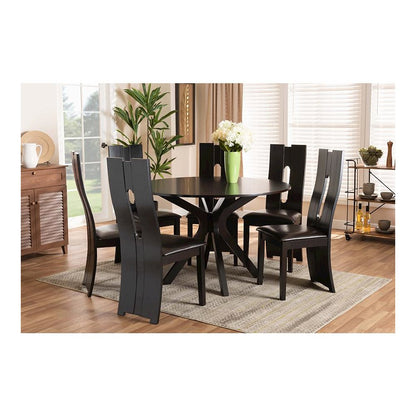 Leather Upholstered and Dark Brown Finished Wood 7-Piece Dining Set