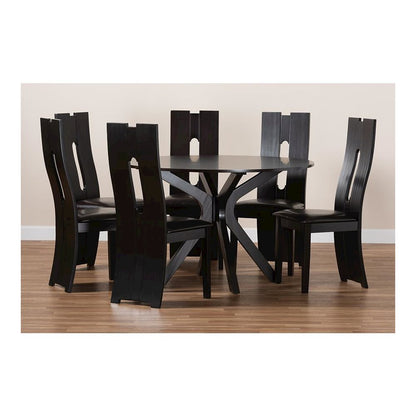 Leather Upholstered and Dark Brown Finished Wood 7-Piece Dining Set