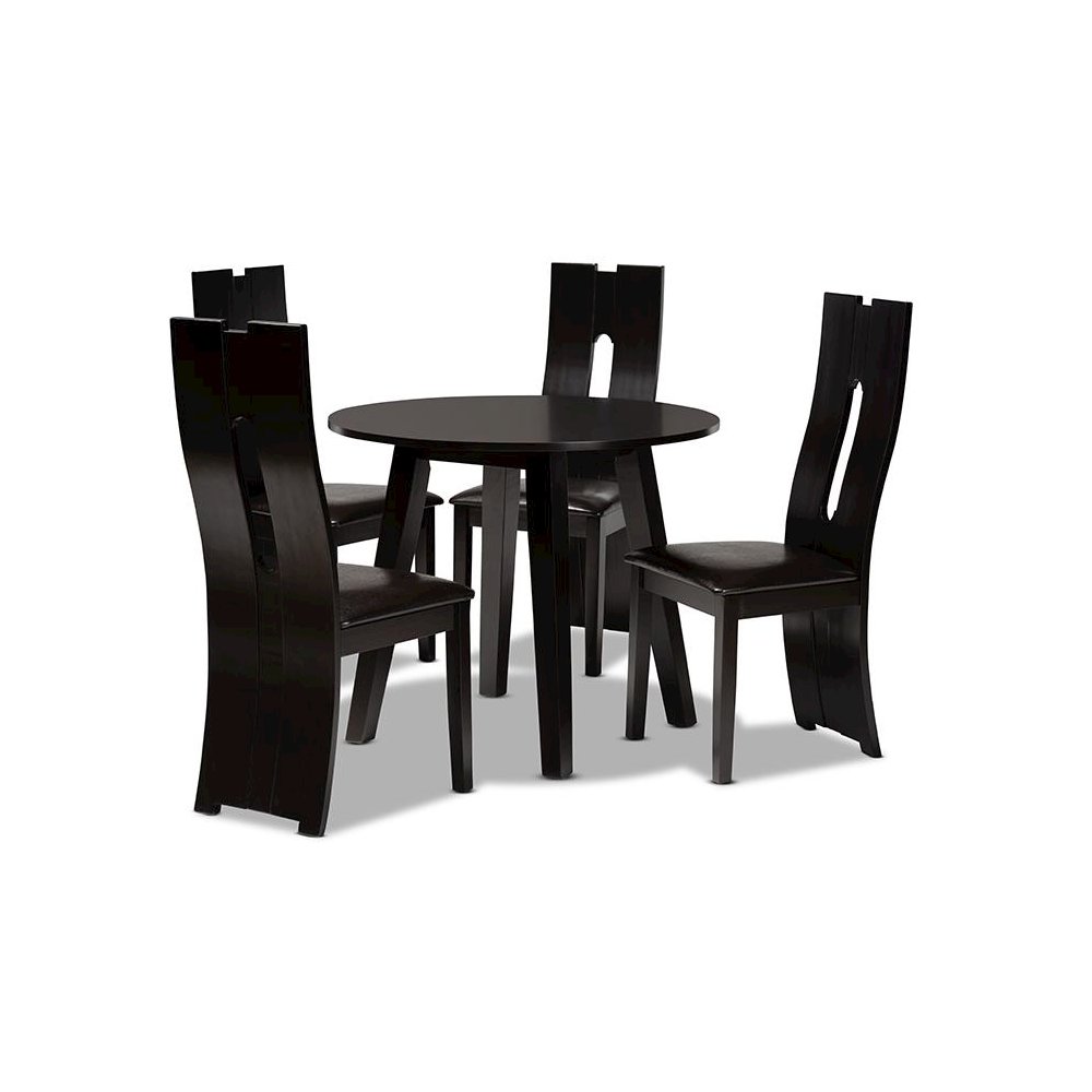 Leather Upholstered and Dark Brown Finished Wood 5-Piece Dining Set
