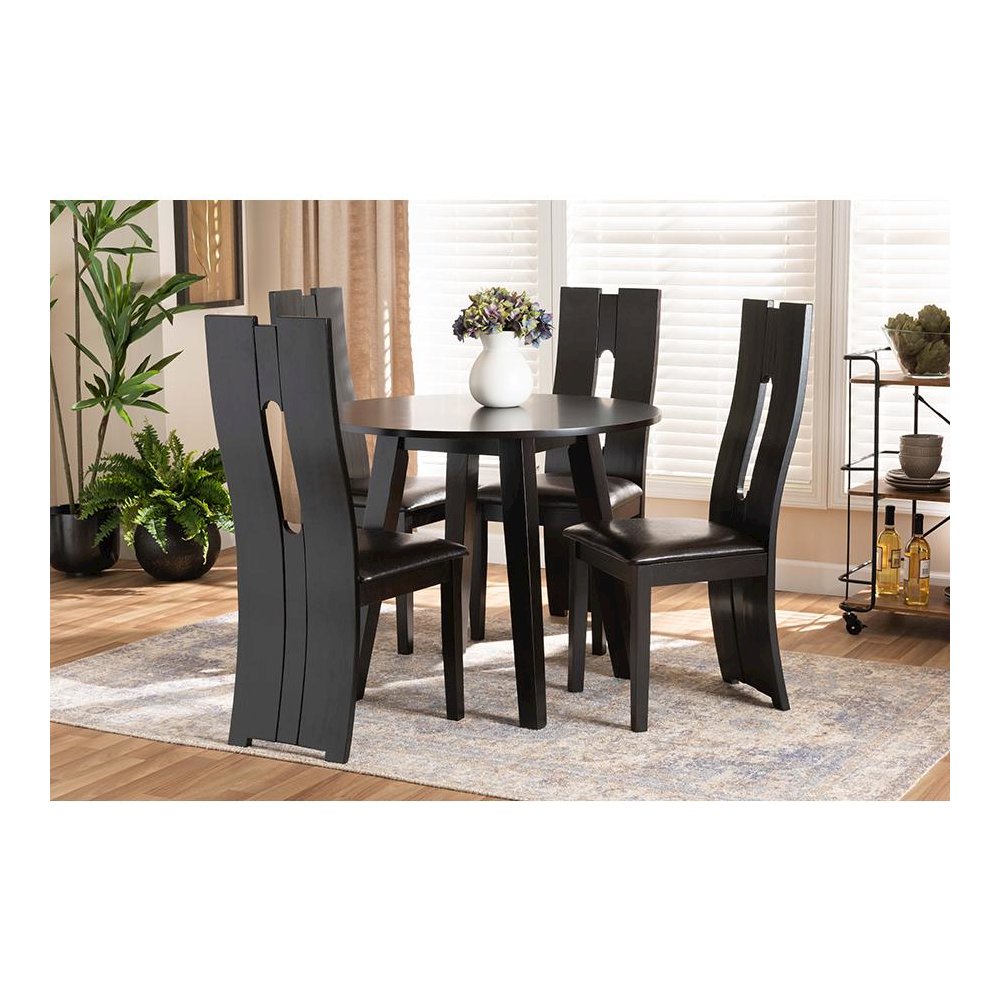 Leather Upholstered and Dark Brown Finished Wood 5-Piece Dining Set