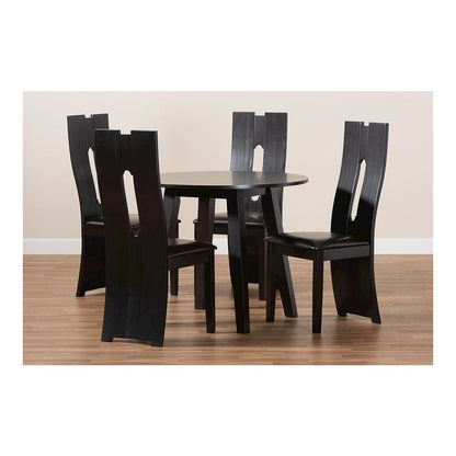 Leather Upholstered and Dark Brown Finished Wood 5-Piece Dining Set