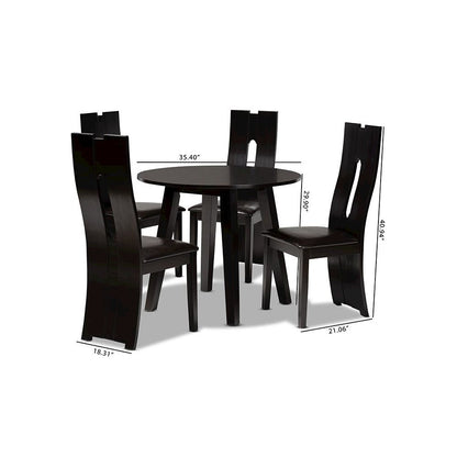Leather Upholstered and Dark Brown Finished Wood 5-Piece Dining Set