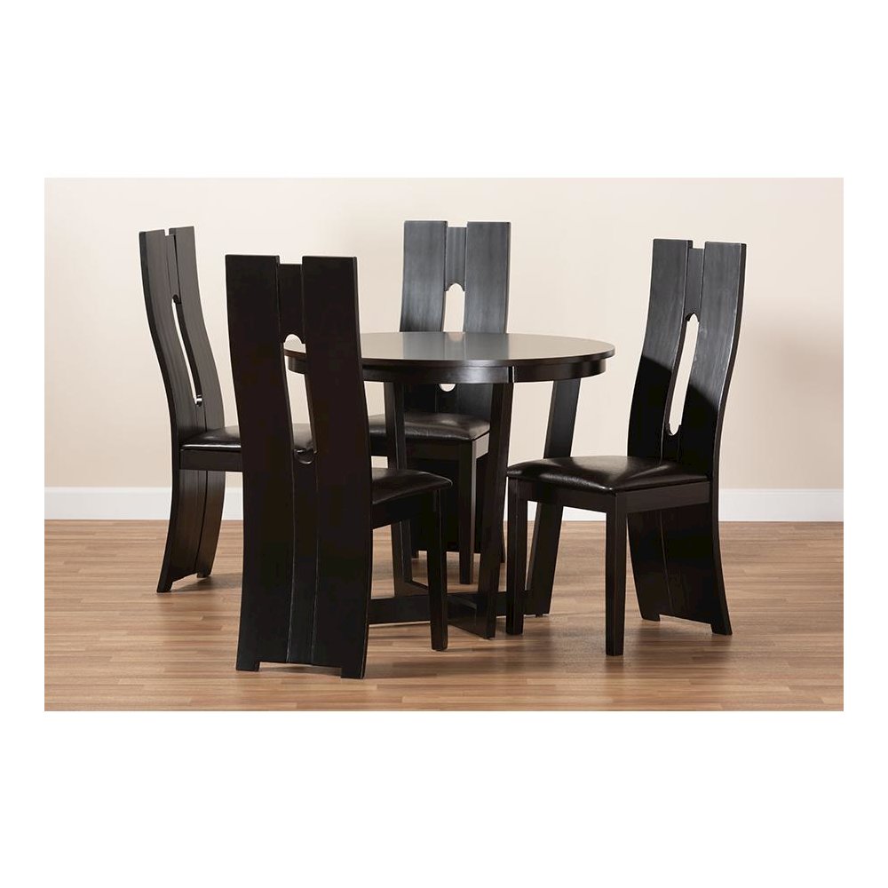 Leather Upholstered and Dark Brown Finished Wood 5-Piece Dining Set