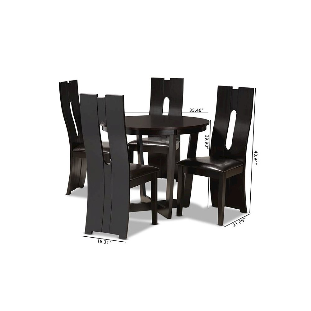 Leather Upholstered and Dark Brown Finished Wood 5-Piece Dining Set