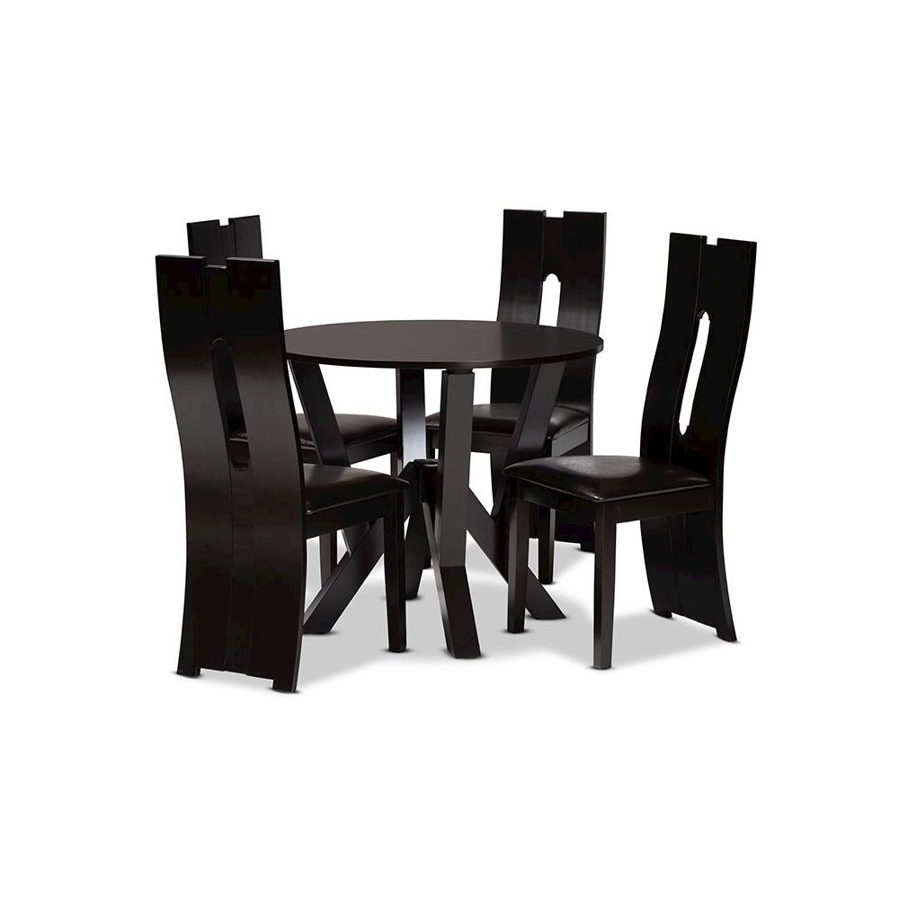 Leather Upholstered and Dark Brown Finished Wood 5-Piece Dining Set