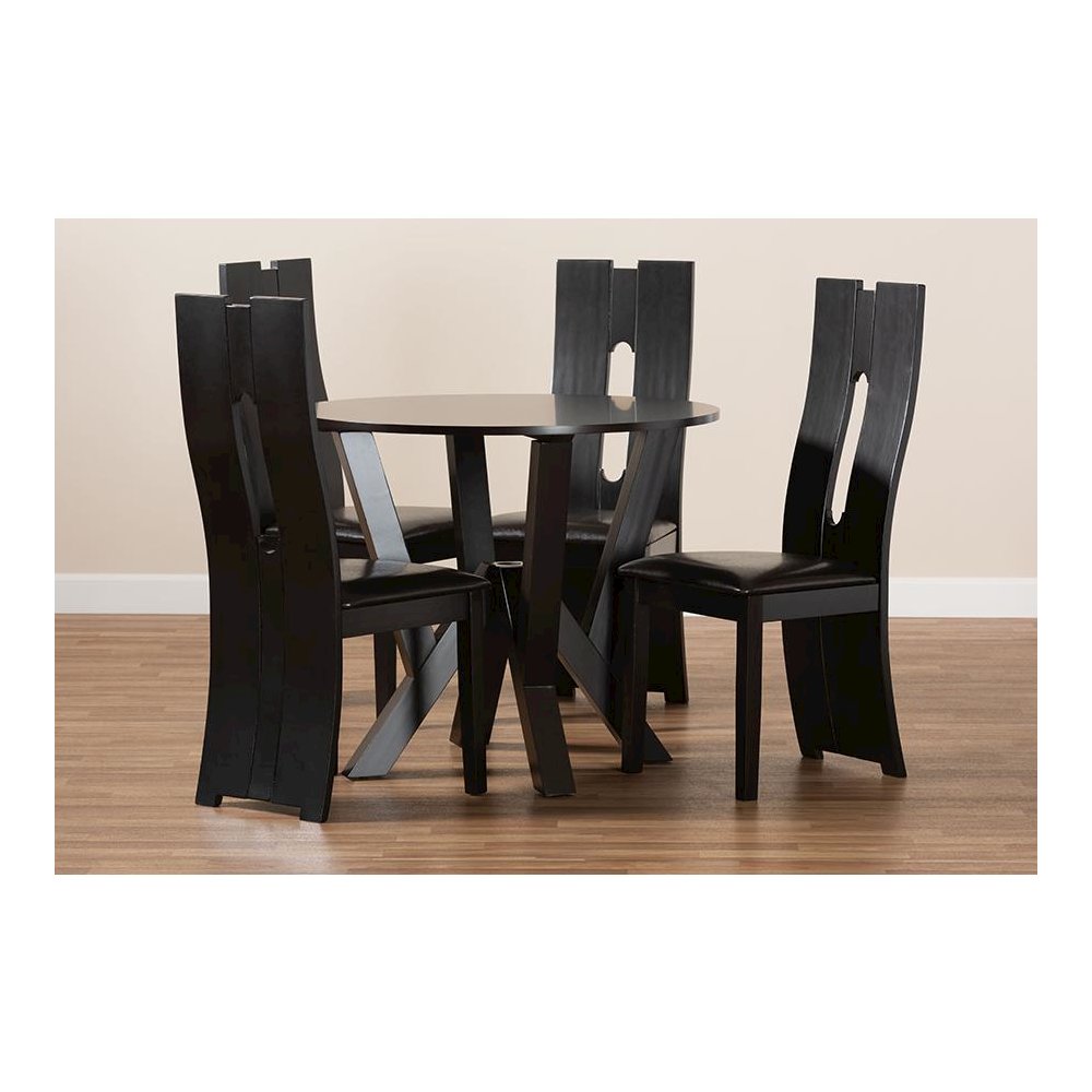 Leather Upholstered and Dark Brown Finished Wood 5-Piece Dining Set