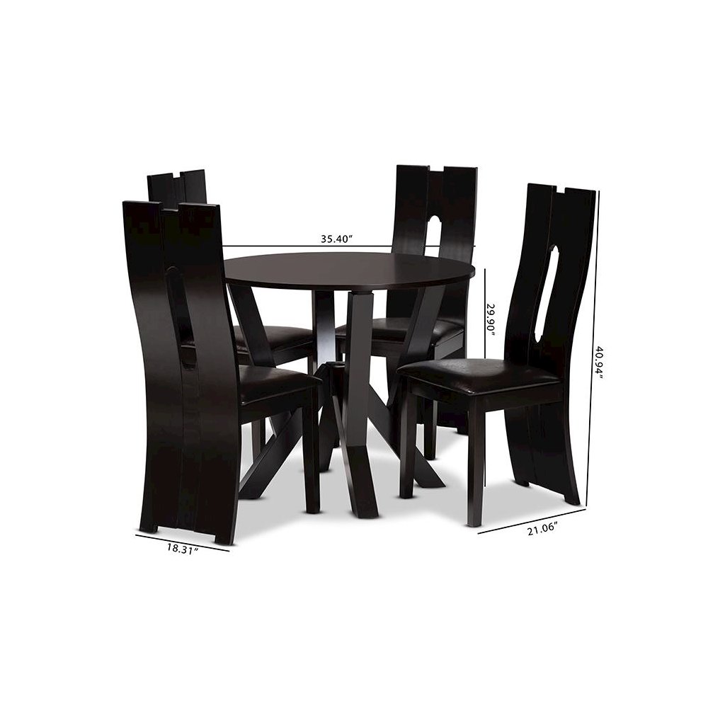Leather Upholstered and Dark Brown Finished Wood 5-Piece Dining Set