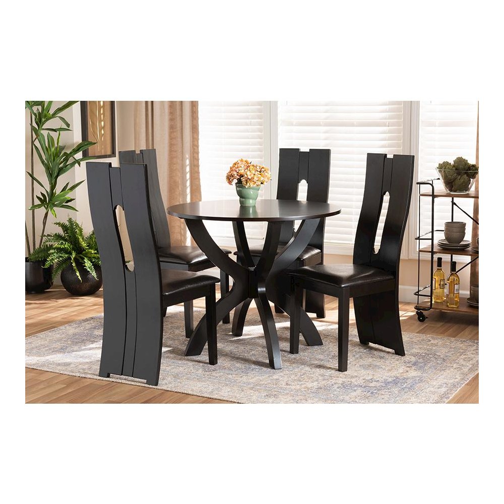 Leather Upholstered and Dark Brown Finished Wood 5-Piece Dining Set
